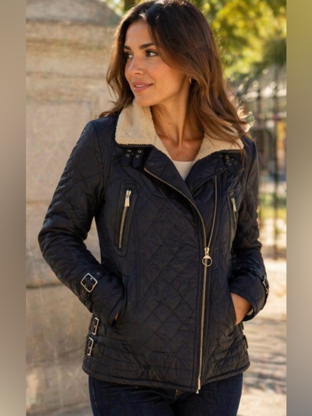 Barbour 'Battalion' Blue Quilted Bomber Jacket Womens Sz 4 US Motorcycle Sherpa